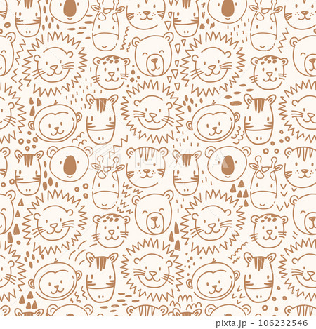 Beautiful kids vector seamless pattern with cute hand drawn safari animal faces. Children stock lion tiger bear zebra monkey illustratrion. 106232546