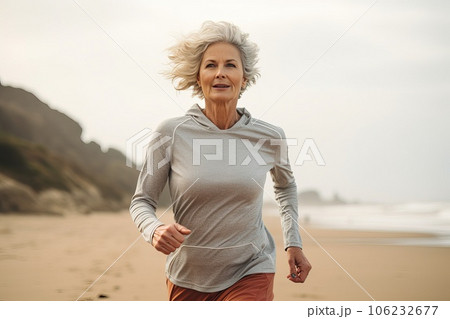 Middle aged caucasian woman during jogging workout on the morning beach. 106232677