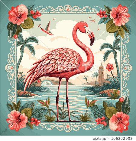 Flamingo in retro style. Vector illustration inのイラスト素材