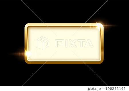 3d plate button of rectangle shape with golden frame vector illustration. Realistic isolated website element, golden glossy label for game UI, badge of navigation menu with light effect on border 106233143