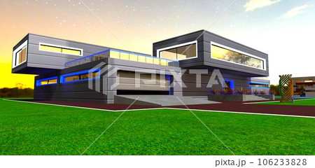 Starry night above cozy modern private house built on the green lawn. White illuminated borders. 3d rendering. Starry night above cozy modern private house built on the green lawn. White illuminated borders. 3d rendering. 106233828
