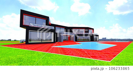 Nice cloudy day. The property of the unusual form constructed on the wide meadow. Red brick pavement and pool. 3d rendering. Nice cloudy day. The property of the unusual form constructed on the wide meadow. Red brick pavement and pool. 3d rendering. 106233865