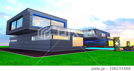 Nice country house on the green lawn. Aluminium facade. Strange steel installations near the pool. 3d rendering. 106233866