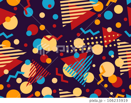 Memphis seamless pattern with geometric shapes in 80s style. Abstract colorful background design for brochures, banners and promotional items. Vector illustration Memphis seamless pattern with geometric shapes in 80s style. Abstract colorful background design for brochures, banners and promotional items. Vector illustration 106233919