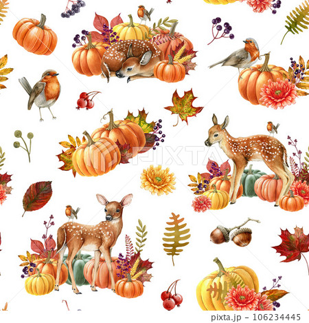 Autumn decorations seamless pattern. Watercolor illustration. Seamless pattern from orange bright pumpkins, floral decor, forest birds, animals. Cozy autumn decor in bright colors. White background 106234445