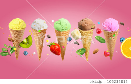 Ice cream in waffle cones on pink background. Ice cream in waffle cones on pink background. 106235815