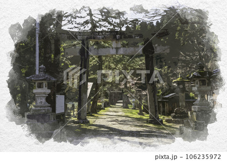 水彩画風　若桜宿　若桜神社　鳥居　鳥取県八頭郡若桜町 106235972