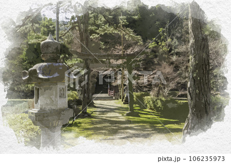 水彩画風　若桜宿　若桜神社　鳥居　鳥取県八頭郡若桜町 106235973