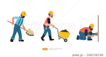 Construction Worker Character Set Vector Illustration. Builder with Shovel. Worker with Wheelbarrow Carrying Sand. Hand Drill Work Construction Worker Character Set Vector Illustration. Builder with Shovel. Worker with Wheelbarrow Carrying Sand. Hand Drill Work 106236190