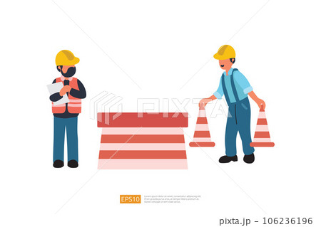 worker Character installs fencing warning cones on road construction. Vector Illustration of Construction Worker worker Character installs fencing warning cones on road construction. Vector Illustration of Construction Worker 106236196