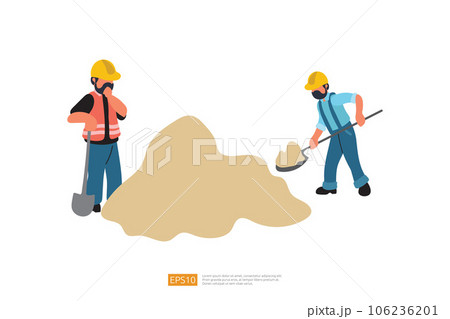 Construction Builder Character with Shovel digging sand Material. Road Work Vector Illustration of Construction Worker 106236201