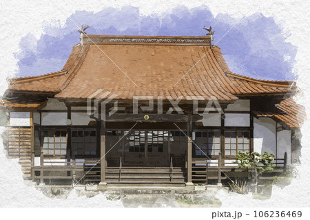 水彩画風　若桜宿　蔵通り　正栄寺　本堂　鳥取県八頭郡若桜町 106236469