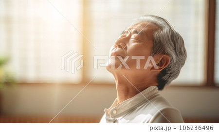 首のストレッチをするシニア、日本人男性　AI生成画像 106236496
