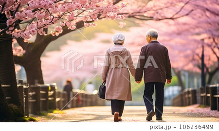シニアと散歩、桜道の日本人夫婦の後ろ姿　AI生成画像 106236499