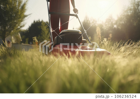 Woman cutting grass with an electric lawnmower on a sunny day, a quiet and eco-friendly choice. AI Generative. 106236524