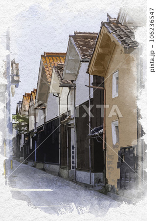 水彩画風 若桜宿 蔵通り 白壁土蔵群 鳥取県八頭郡若桜町 水彩画風 若桜宿 蔵通り 白壁土蔵群 鳥取県八頭郡若桜町 106236547