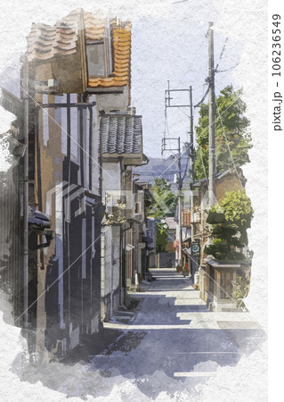 水彩画風　若桜宿　蔵通り　白壁土蔵群　鳥取県八頭郡若桜町 106236549