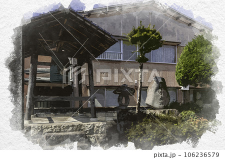 水彩画風　若桜宿　蔵通り　蓮教寺　鐘楼　鳥取県八頭郡若桜町 106236579