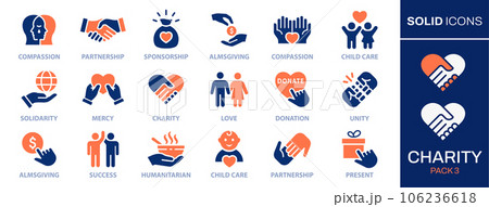 Charity icon set. Collection of donate, heart, unity, community, integrity and more. Vector illustration. Easily changes to any color. 106236618