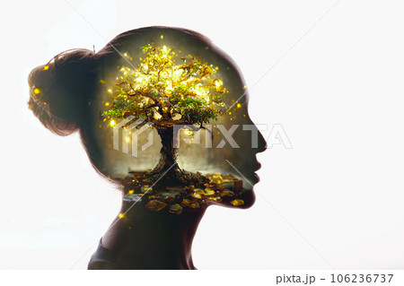 Silhouette of rich successful business woman with gold money tree 106236737