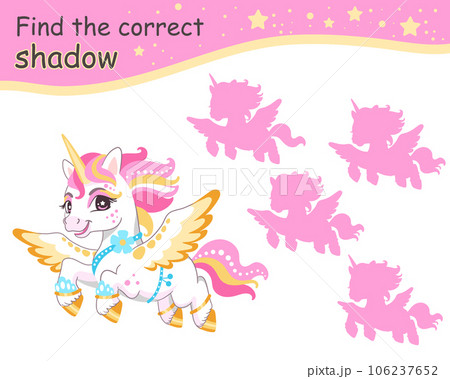 Find correct shadow flying unicorn pink vector 106237652
