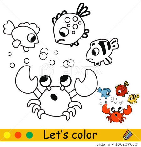 Kids coloring cute surprised crab and fishes vector 106237653