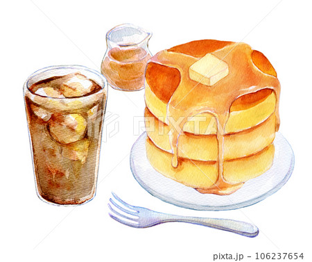 ホットケーキとアイスコーヒーのセット 水彩イラストのイラスト素材