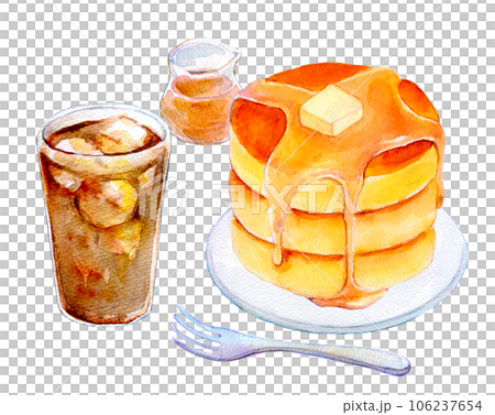熱蛋糕和冰咖啡套裝水彩插圖 熱蛋糕和冰咖啡套裝水彩插圖 106237654