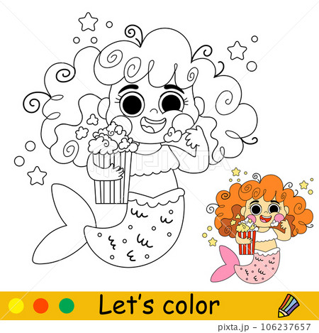 Kids coloring little mermaid with a popcorn vector illustration 106237657