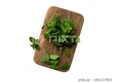 Fresh mint on Cutting board table isolated on white background, top view. Flat lay Space for text Fresh mint on Cutting board table isolated on white background, top view. Flat lay Space for text 106237903