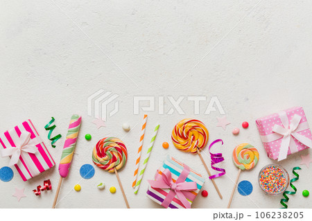 Collection of birthday party objects with gift box. Valentines day gift box. Top view flat lay with copy space 106238205