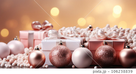 Christmas celebration holiday banner. Festive balls and gifts close up Christmas celebration holiday banner. Festive balls and gifts close up 106238839