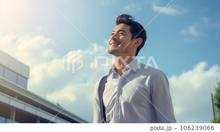 青空の下で笑顔で上を見上げる男性　AI画像 106239066