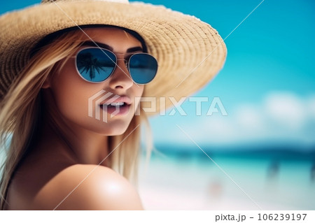 Portrait of a girl on the beach. Created with generative Ai technology. 106239197