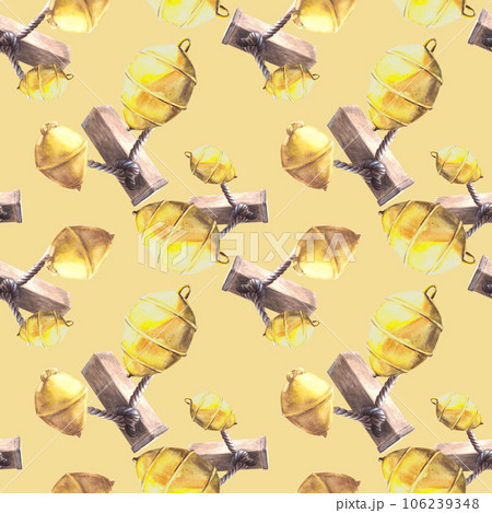 Nautical seamless pattern Watercolor illustration. Maritime elements of fastening for boats, bollards, yellow buoys, ropes Isolated on yellow background Sea design for wrapping paper wallpaper print 106239348