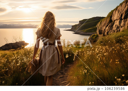 Backside view of woman walking on trail, young lady in traveling, Generative AI Backside view of woman walking on trail, young lady in traveling, Generative AI 106239586