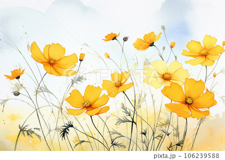 Cosmos flowers watercolor painting in yellow tones, Generative AI 106239588