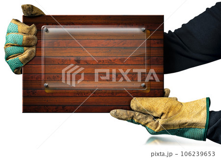 Blank Glass Placard on a Brown Wooden Plank Isolated on White 106239653