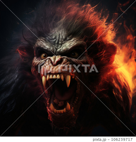 Image of angry demon monkey terrifying and flames on dark background. Wildlife Animals. Illustration, Generative AI. Image of angry demon monkey terrifying and flames on dark background. Wildlife Animals. Illustration, Generative AI. 106239717