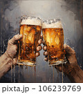 Two hands holding beer glasses with splashes, grunge background, painting style. 106239769