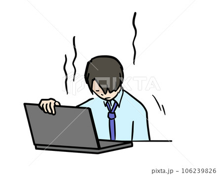 パソコン画面の前で何かをあきらめた残念なスーツ男性のイラスト 106239826