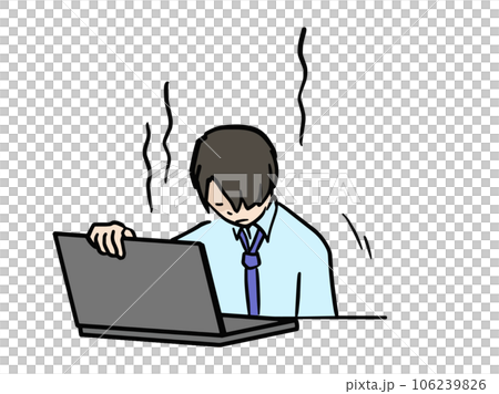 パソコン画面の前で何かをあきらめた残念なスーツ男性のイラスト 106239826