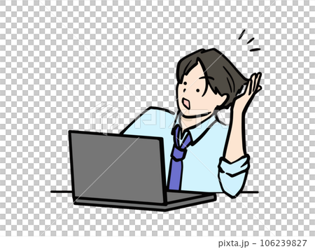 パソコンの画面を前にハッと何かひらめいたスーツ男性のイラスト パソコンの画面を前にハッと何かひらめいたスーツ男性のイラスト 106239827