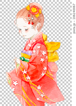 赤い着物の女の子の水彩イラストのイラスト素材 [106240067] - PIXTA