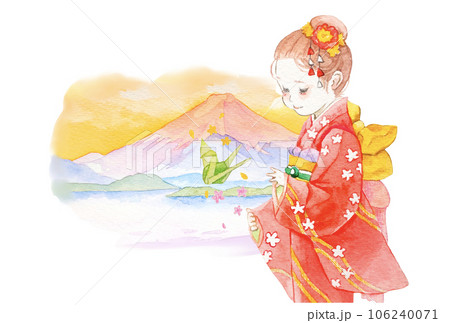富士山と着物姿の女の子の水彩イラスト 106240071