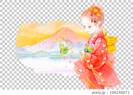富士山と着物姿の女の子の水彩イラスト 106240071