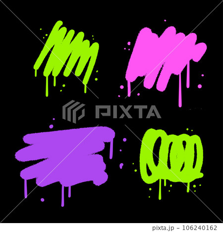 Set of hand drawn spray paint scribbles in 90s neon urban graffiti style. Airbrush Grunge background. Textured Vector isolated stencil scratchs. 106240162