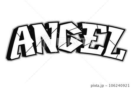 Angel word trippy psychedelic graffiti style letters.Vector hand drawn doodle cartoon logo Angel illustration. Funny cool trippy letters, fashion, graffiti style print for t-shirt, poster concept 106240921