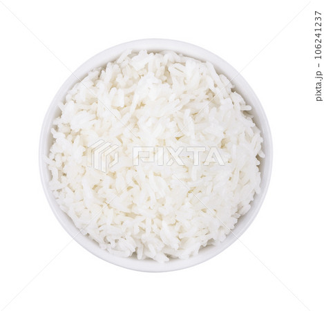 Rice in white bowl isolated on white background. Top view 106241237