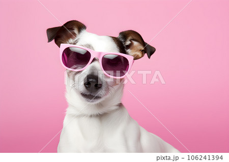Funny dog with sunglasses on pink background. Portrait of Jack Russell Terrier Funny dog with sunglasses on pink background. Portrait of Jack Russell Terrier 106241394